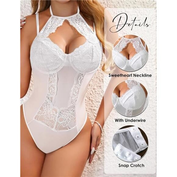 Women Teddy Lingerie Sexy Snap Crotch Lace Bodysuit White - Picture 2 of 6